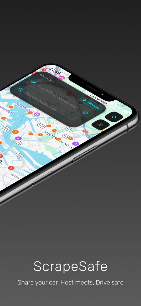 ScrapeSafe map on a phone showing hazard markers and navigation controls