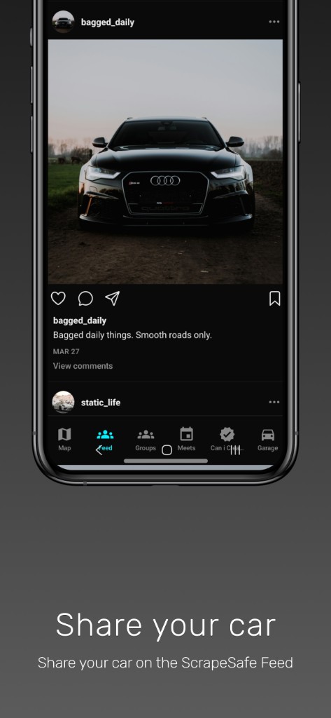 Social feed showing a car post with like and comment actions