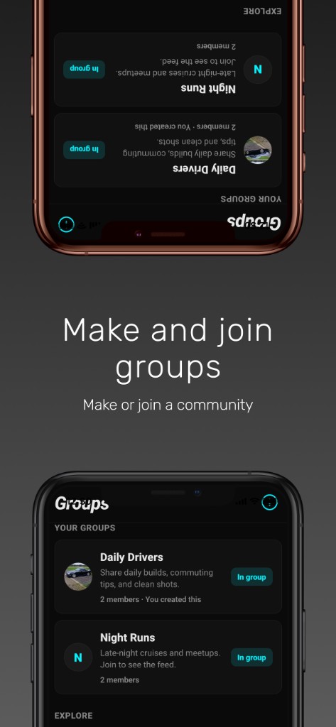 Groups screen listing communities and explore section
