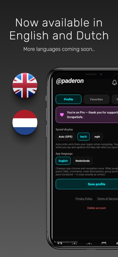 Profile settings with English and Nederlands language toggle